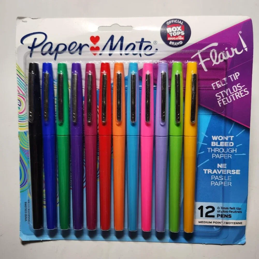 Paper Mate Flair Felt Tip Pens Medium Point (0.7mm) 12 count Markers New Ink col
